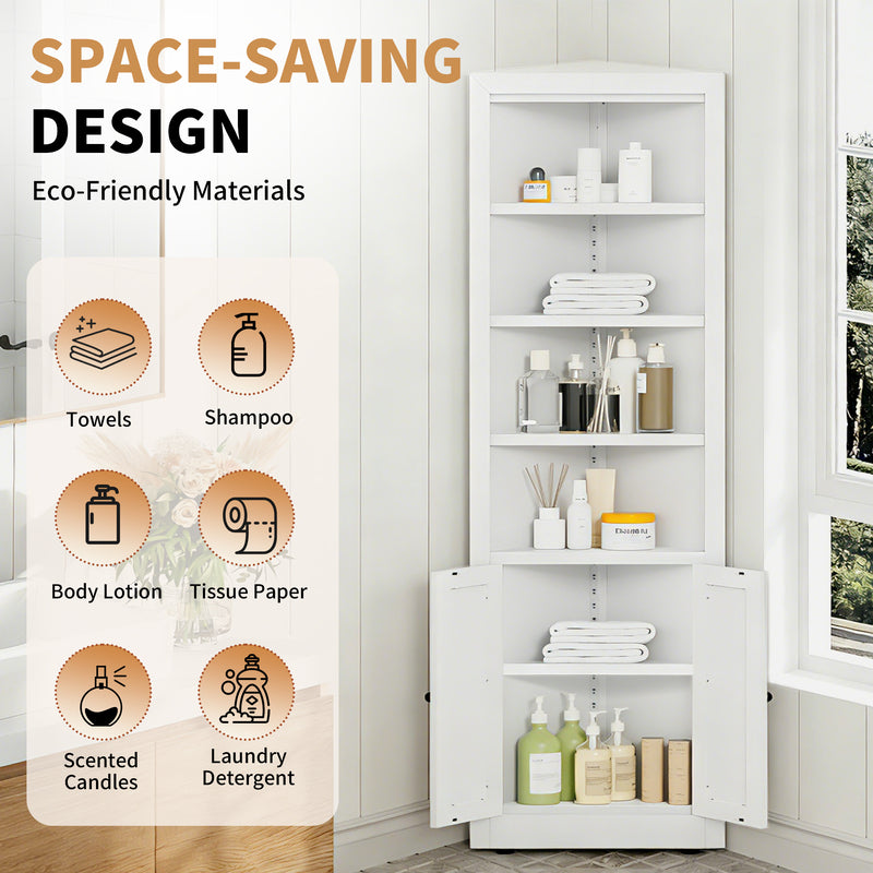 71-Inch White Corner Storage Cabinet with 5-Tier Shelves