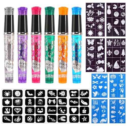 Temporary Tattoo Markers for Skin, 6 Pieces Tattoo Gel Pens with 12 Stencils, 112 Patterns, Tattoo Pens Set, Tattoo Pen for Children for Boys Girls Party Dress Up Halloween
