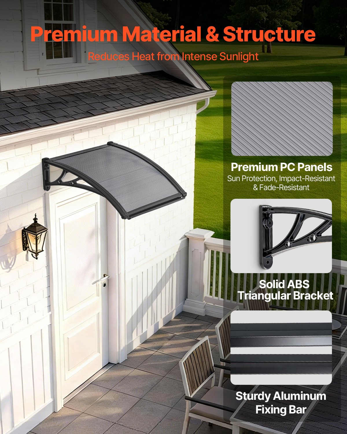 Outdoor Door Canopy Awning 24x24 Inch Polycarbonate Rain Snow Sun Shield with Drainage - Black