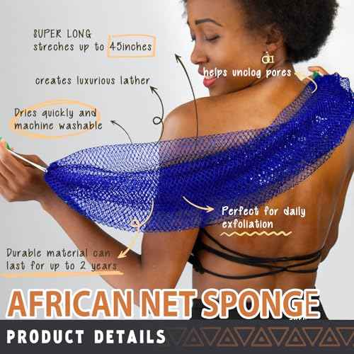 African Net Sponge Authentic - 2 Pieces African Exfoliating Net Bath Sponges for Shower Navy&Yellow - Body Scrubber Exfoliator Loofah Wash Cloth - Afro Back Scrub for Women Bathing Accessories