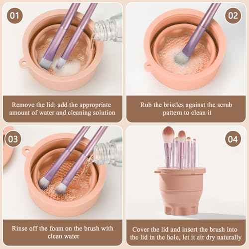 WantGor Makeup Brush Cleaner Mat with Brush Storage Holder, 3 in 1 Foldable Silicone Bowl Cosmetic Brushes Cleaning Pads Tool for Makeup Brush, Makeup Sponge, Powder Puff (Khaki)