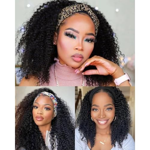 V SHOW Kinky Curly Headband Wig Human Hair Upgrade Natural Scalp Top Middle Part Glueless Headband Wig for Women 16inch Brazilian Kinky Curly Virgin Human Hair Wear and Go 180% Density Wig