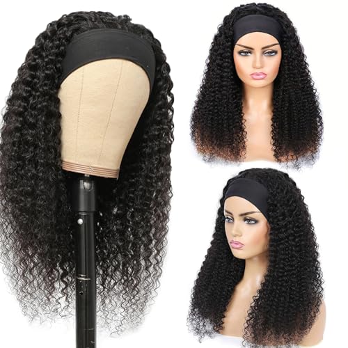 Aiterina Kinky Curly Human Hair Wig - 16 inch Natural Color, No Gel Remy Hair, Lace Front, Machine Made, Curly Scarf Wig for Black Women