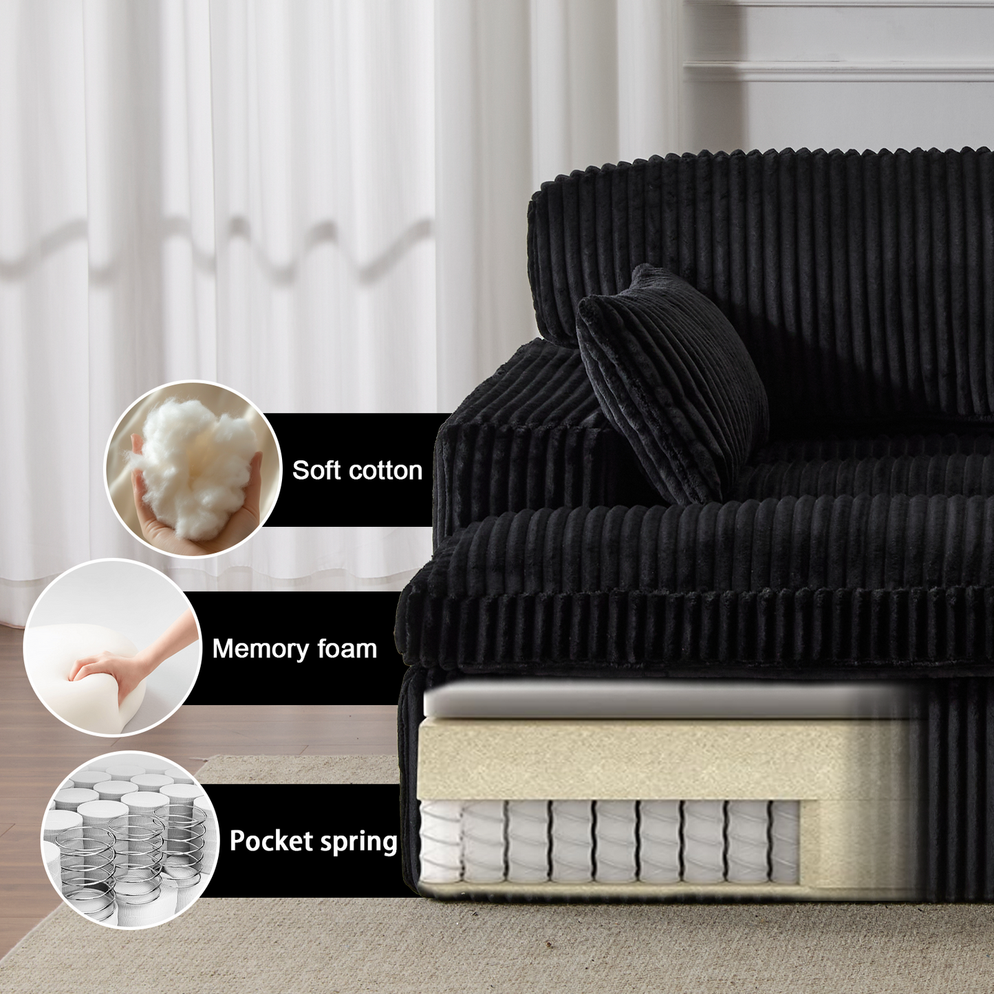 Oversized Double Chaise Lounge Chair - Black Corduroy Sofa Bed