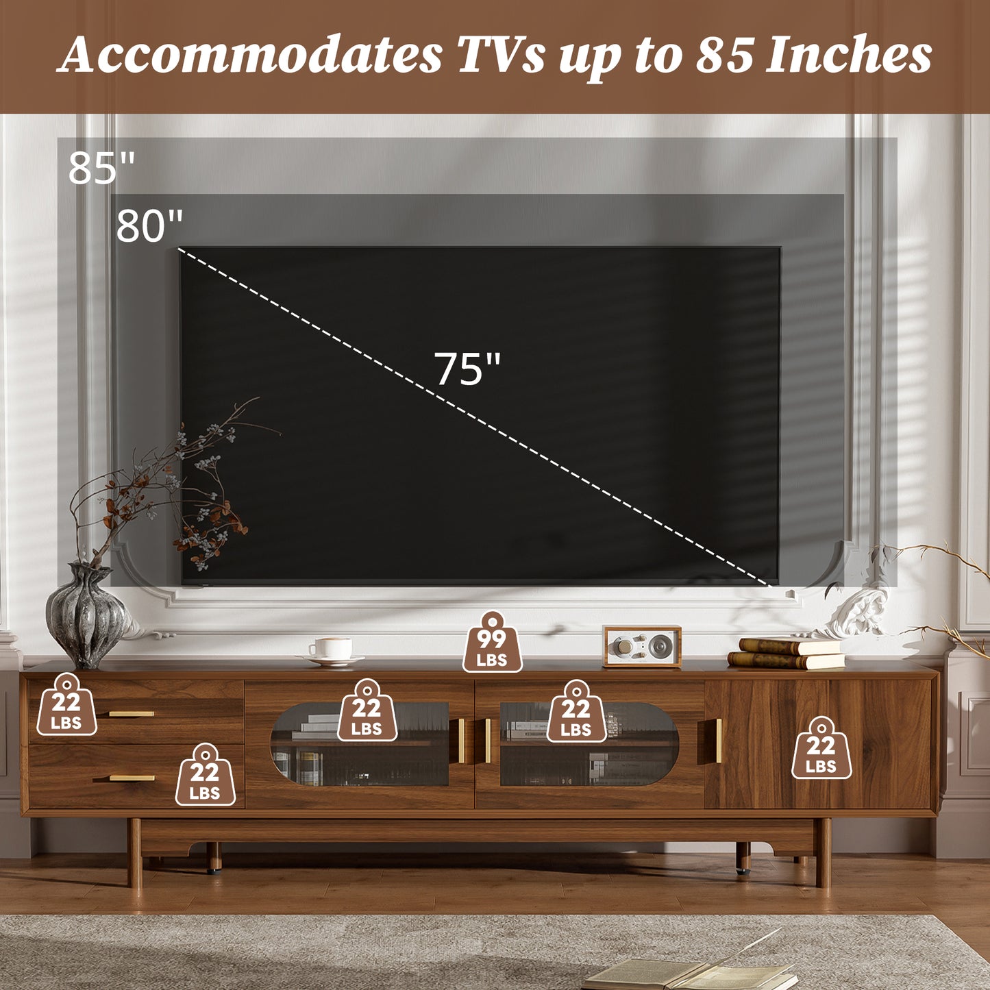 Modern 78-Inch TV Stand for TVs Up to 85" with Glass Doors & Drawers - Walnut