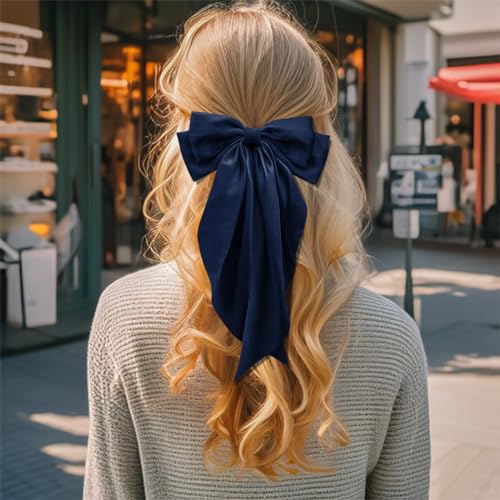 6PCS Hair Bows for Women Big Bow Hair Clips Silky Satin Long Tail Hair Bows Cute Hair Ribbon Coquette Bows Hair Accessories(Black Red Sapphire Blue blackish Green Dark Blue Coffee)