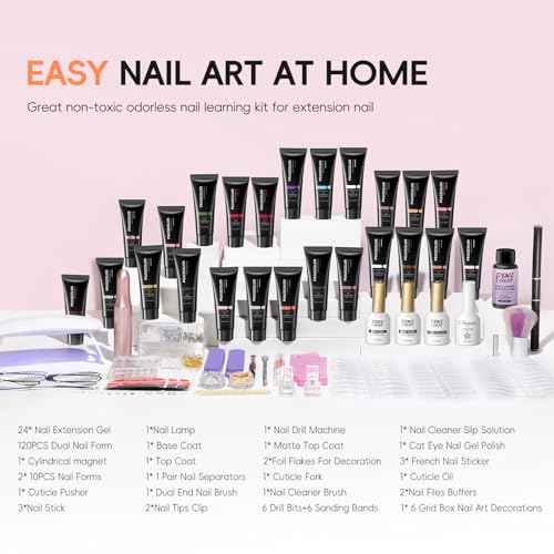 PEACECOLOR 52Pcs Poly Nail Gel Kit with Drill and U V Light 24 Colors Poly Nail Extension Gel with Cat Eye Nail Polish Glossy Matte Top Coat Nail Rhinestones Starter Kit Home Salon DIY Gifts for Women