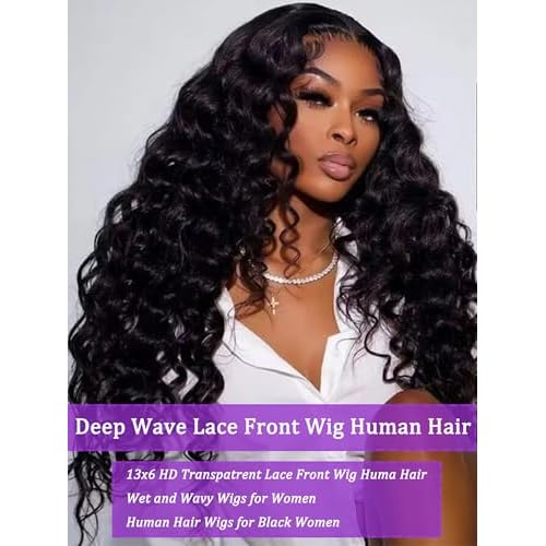 Deep Wave Lace Front Wigs Human Hair 13x6, Real Remy Virgin Human Hair Wig for Black Women, 180 Density, Daily Wear Suitable Pre Plucked with Baby Hair, Natural Color, 20 Inch