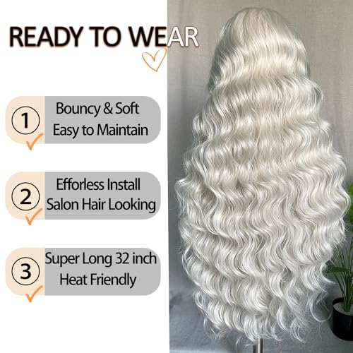 SOKU 13x6 Lace Frontal Wig 32 Inch Sliver Color Boby Wave Pre-plucked Hairline with Baby Hair Transparent Lace Heat Friendly Synthetic Light Grey Lace Front Wavy Wigs for Women Christmas Gift