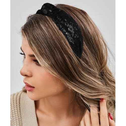 Huachi Top Knot Headbands for Women Girls Halloween Sparkly Sequin Knotted Head Bands for Women¡¯s Hair Accessories Holiday Black Red Festival Hairbands Turban Christmas Gifts
