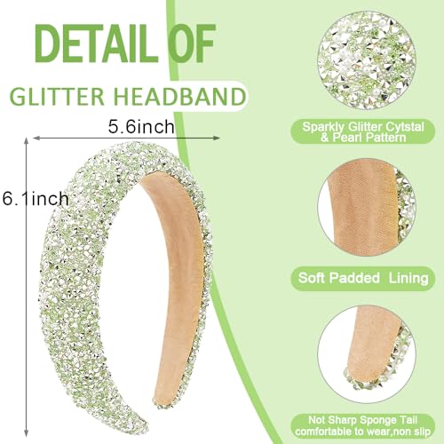 AHONEY 2 Pack Rhinestone Headband Women Girls Thick Padded Headband, Sequin Beaded Pearls Head Band Glitter Cute Headband Birthday Prom Christmas Hair Accessories For Women Girls (Green&Red)