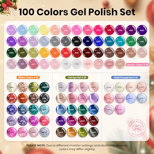 Beetles Gel Nail Polish Gift Set? Christmas Kaleidoscope 100 Vibrant Colors with Base & Top Coats Glitter Matte Glossy Finishes Cat Eye Pearl Nail Polish Nail Art Gift for Women Salon Home DIY Use