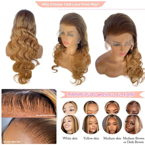 Smavida Highlights Blonde Lace Front Wigs Human Hair,13x6 Honey Blonde HD Lace Front Wig Pre Plucked with Baby Hair Highlight Ombre 4/27 Body Wave Lace Frontal Wig for Women 150% Density 22 Inch