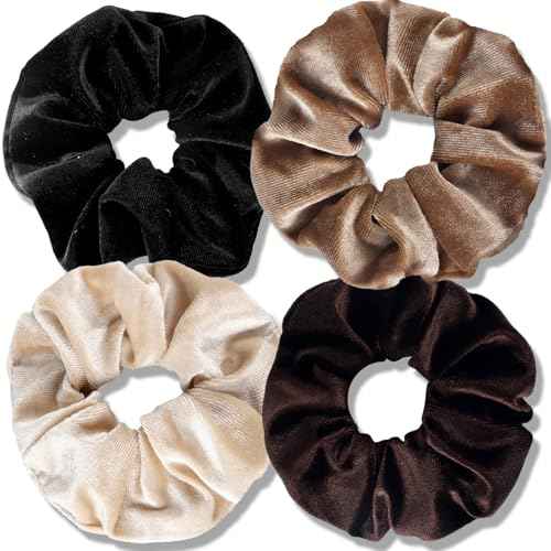 Velvet Scrunchies for Women Girls 4Pcs Large Brown Black Scrunchies Long Thick Curly Hair Soft Hair Bands Neutral Scrunchie Cute Ponytail Holders No Damage Elastic Hair Ties Hair Accessories
