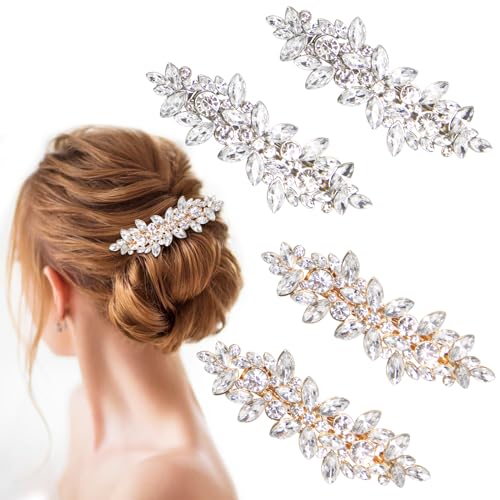 4 Pcs Rhinestone Bridal Hair Clips, Crystal French Barrette Hair Clips, Vintage Bridal Wedding Hair Pins Hair Accessories for Women Bride Bridesmaid(Golden,Silver)