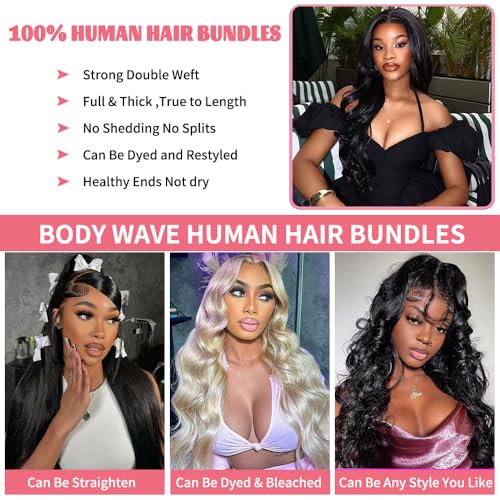 14A Body Wave Human Hair Bundles 16 18 20 22 Inch Bundles Human Hair 100% Unprocessed Brazilian Virgin Hair Body Wave 4 Bundles Human Hair Extensions for Women Natural Color Quick Weave