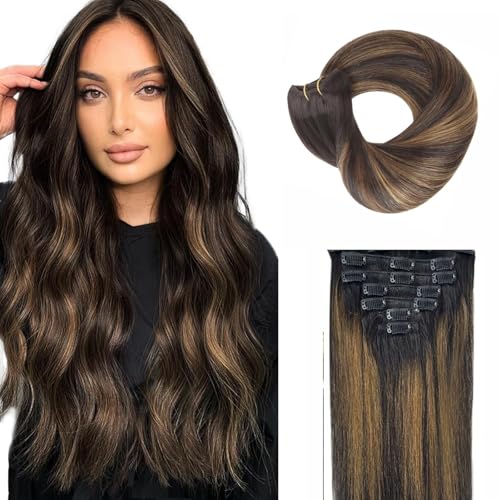 SIYUSI Clip in Hair Extensions Real Human Hair, 100% Brazilian Remy Human Hair Clip Ins, Invisible & Scalp-Friendly, Natural Black Mixed Chestnut Brown,7Pcs 4.23oz, 18 Inch