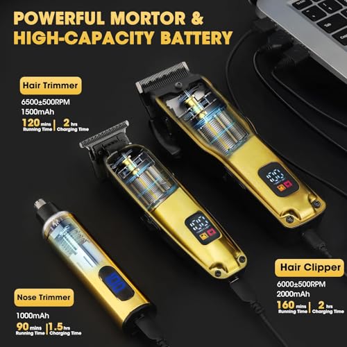 4-in-1 Hair Clippers for Men, Professional Cordless Barber Hair Cutting Kit, T-Blade Trimmer, Electric Foil Shaver, Nose Hair Trimmer, LCD Display, Grooming Gift Set (Gold)