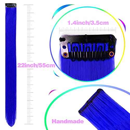 12 PCS Blue Hair Extensions Clip in, Colored Party Highlights Extension for Kids Girls Synthetic Hairpiece Straight 22 inch