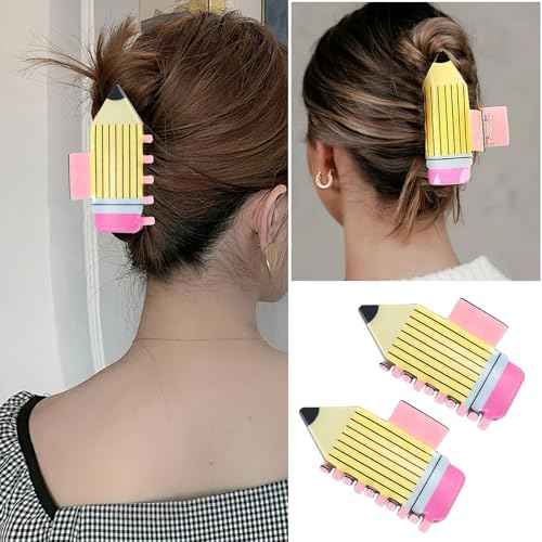 3 Pack Pencil Hair Claw Clips for Women Girls, Funny Back To School Hair Clips Supplies, Cute Hair Jaw Barrettes, Strong Hold Claw Clips Fun Hair Accessories
