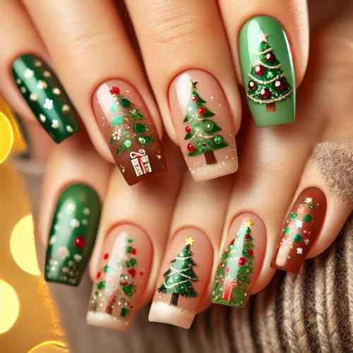 Green Glitter Christmas Fake Nails Long Square Press on Nails Cute Christmas Colored Lamp Ball Tree Decoration False Nail with White French Design Acrylic Glue on Nails 24Pcs Nail Press ons for Women