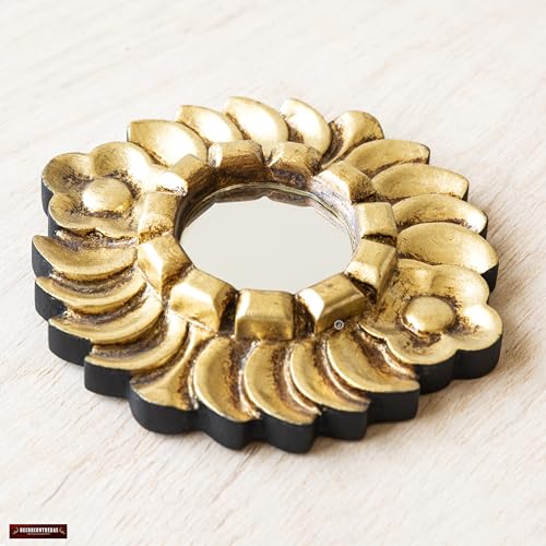Handmade Small Gold Round Mirror 6in | Peruvian Hand-Carved Wood Hanging Mirror with Gold Leaf Finish for Wall Decor (Gold)