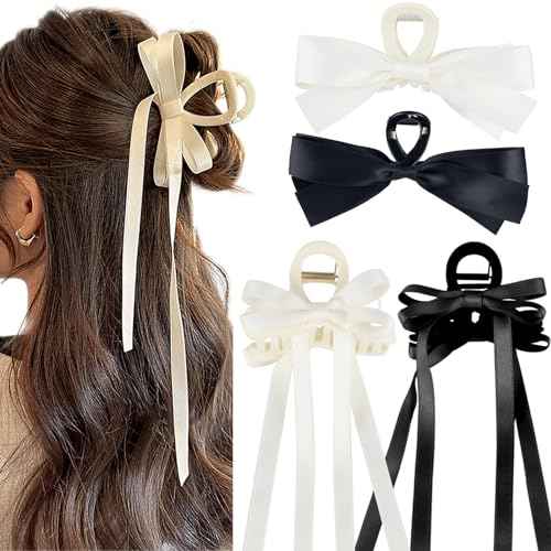 Zkptops 4Pcs Hair Claw Clips Bow Claw Clip for Women Girls Satin Claw Clamps Cute Large Bowknot Nonslip Jaw Barrettes with Tassel Hair Bow Claw Clip Accessories for Thin Thick Curly Hair (Black White)
