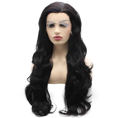 Peakia Long Wavy Dark Brown Natural Half Hand Tied Synthetic Lace Front Wig Natural