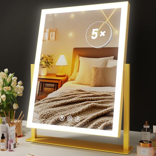 Makeup Vanity Mirror with Lights 17.2" Large LED Lighted Mirror, Hollywood Make Up Mirror with Lighting, Smart Touch,Detachable 5X Magnification 360¡Æ Rotation, (Gold,Gift Box)