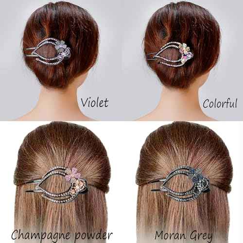 Yusier 4PCS Heart Style Ponytail Duckbill Clips with Headdresses for Women, Flower Rhinestone Barrettes Sparkly Prom Diamond Hair Clips (Plum Blossom)