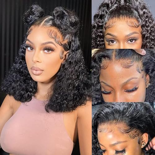 Bob Wig Human Hair 13x6 Deep Wave HD Lace Front Wigs Human Hair 250% Density Bob Curly Lace Frontal Wigs Brazilian Virgin Human Hair Wigs Pre Plucked with Baby Hair (Natural Color,10Inch)
