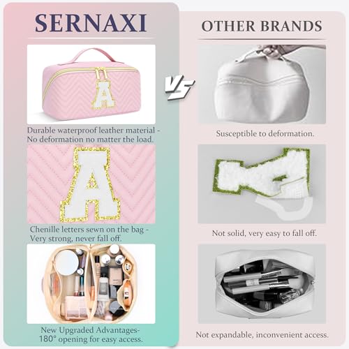 Makeup Bag Travel Toiletry Bag, Personalized Initial Pink Makeup Bag, Gift for Women Gils, Large Capacity Leather Cosmetic Bags, Waterproof Open Flat Organizer for Christmas, Halloween & Thanksgiving