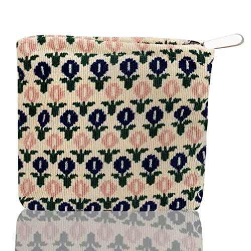 Small Makeup Bag Blue Floral Mini Makeup Zipper Pouch Coin Purse Corduroy Makeup Bag Small Cosmetic Bag for Purse Essentials Items Girl Women Aesthetic Stuff