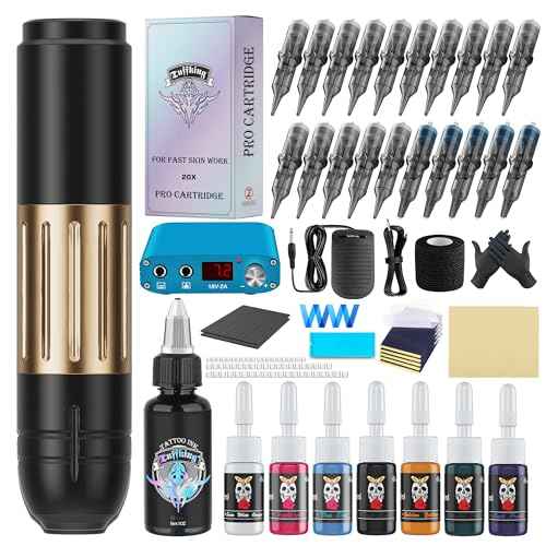 Complete Tattoo Gun Machine Kit, Professional Rotary Tattoo Pen Set with Power Supply, Beginners Tattoo Supplies Kit with 20Pcs Cartridge Needles for Starters Artists