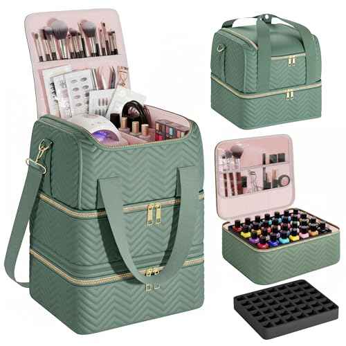 Castal Nail Polish Organizer Bag?3-Layer Nail Organizers and Storage Bag with Detachable Bottom Section?Holds 84 Bottles?Embroidered Nail Polish Case Organizer with Luggage Strap & Card Slot?Teal