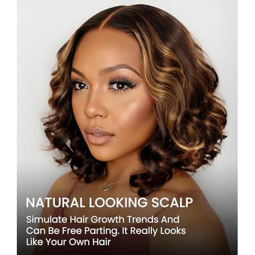 Brown Highlighted Wig Human Hair Wigs for Black Women Glueless Wigs Human Hair Pre Plucked Pre Cut Pre Bleached 6X5 HD Lace Closure ready to wear wigs glueless human hair Wigs 180% Density 12inch