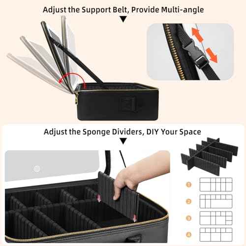 15''X11'' Large Capacity Makeup Bag with LED Mirror, Professional Makeup Case Organizer with 3 Color Light Adjustable Brightness, Travel Make up Cosmetic Case with Detachable Dividers & Shoulder Strap