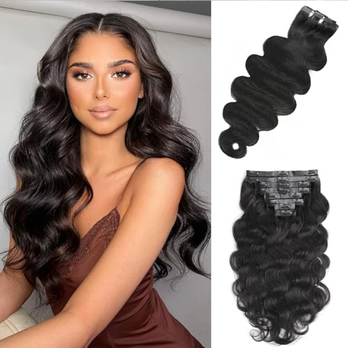 Seamless Body Wave Clip Ins Human Hair Extensions Invisible Weft Clip In Hair Extensions Real Human Hair 16Inch 8Pcs PU Clip ins Remy Hair for Women 18Clips 120g Natural Black