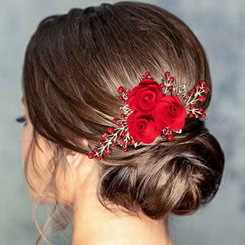 PAGOW Rose Flower Comb 6.1inch Red Hair Clip Bridal Girl Women Accessories Bride Headpiece Gift for Wedding Party Prom Chrismas Valentine's Day Long Thick Haiir