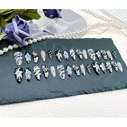 30pcs Snake Press On Nails Medium Length Almond Flower Fake Nails with 3D Spider Web Rhinestone Design,Designer Press On Star Pattern Gothic Punk Dark Black Silver Y2k Style,Acrylic Nail Set for Women