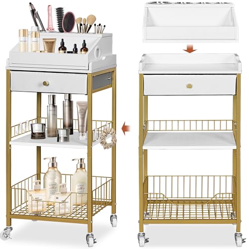 Makeup Organizer Cart with Drawer, 2-in-1 Rolling Organizer Cart with Hair Tool Holder, Vanity Storage for Skincare, Perfume, Nail Polish, Cosmetics, Gold Finish