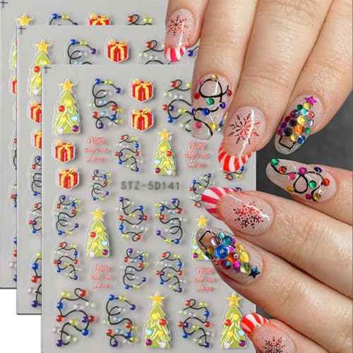 Christmas Nail Stickers 5D Embossed Nail Decals DIY Self Adhesive Nail Design Sticker Christmas Tree Nail Decoration Supplies Holiday Manicure Accessories for Women Girls 3Pcs