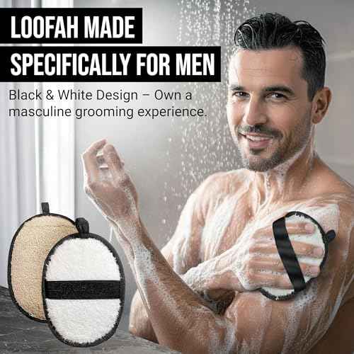 Loofah Body Scrubber for Men ? Body Wash & Scrubbing Luffa, Rugged Yet Gentle Lufas for Smoother & Healthier Skin, Terry Cloth Pad for Manly Skin Care, Black & White Masculine Design Loufas Sponge
