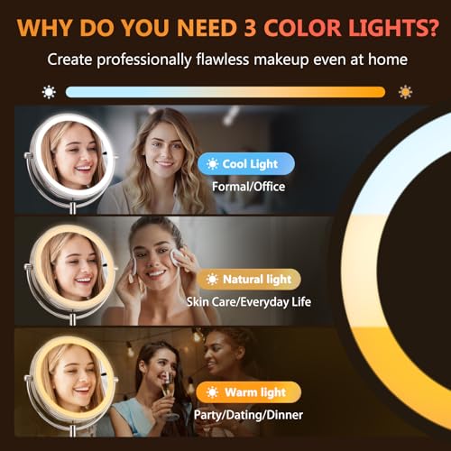 15X Lighted Makeup Mirror: 9 inch Magnifying Mirror with Lights, Make Up Mirrors Stand Up Double Sided, Rechargeable 3 Color Dimmable, Brushed Nickel
