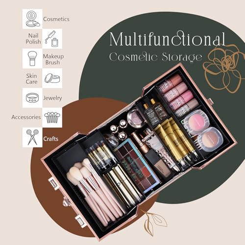 FRENESSA Makeup Train Case Cosmetic Box Portable Makeup Case Organizer 4 Trays Lock Travel Storage Organizer with Dividers Make Up Artist Vanity Hard Nail Spa Beauty Box Rose Gold Floral
