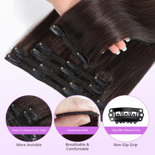 Clip in Hair Extensions Real Human Hair,100% Seamless Invisible Remy Human Hair Silky Straight,Clip Extensions for Women, 8pcs Per Set with Double Weft,2 Dark Brown,26inch 130g/4.6oz