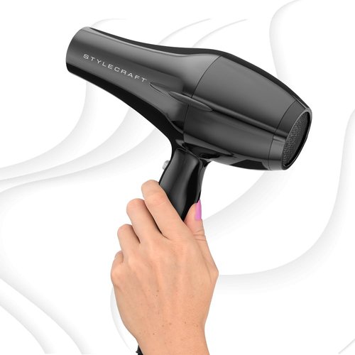 StyleCraft Stay-Temp Professional Lightweight Hair Dryer, 3 Heat/2 Speed Settings, Ionic Turbo Motor, Concentrator Nozzle, and Pik Attachments