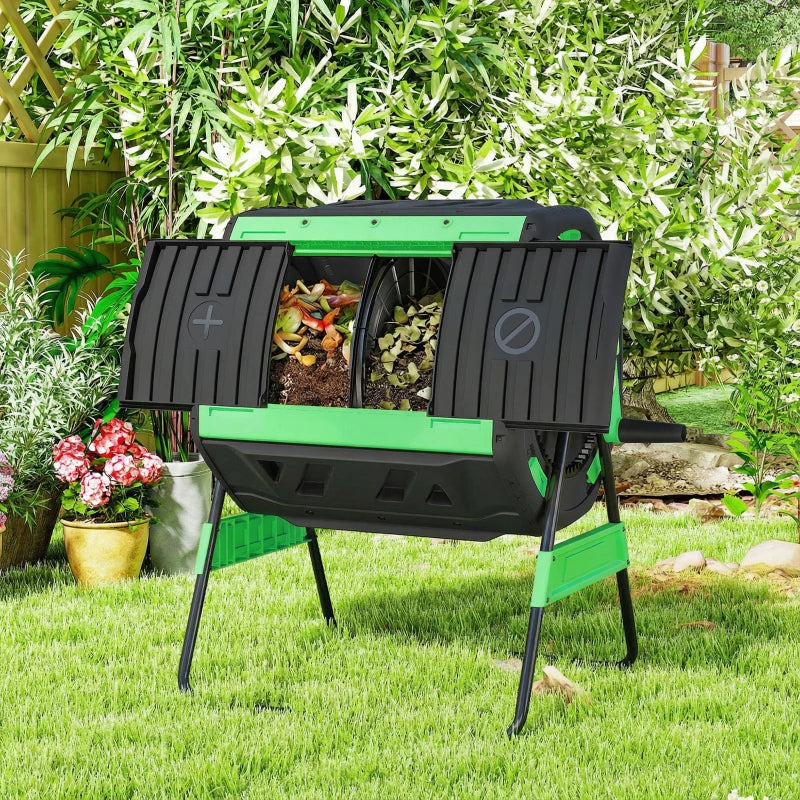 Outdoor Compost Bin 53 Gal Dual Chamber Tumbling Composter with Adjustable Vents - Green