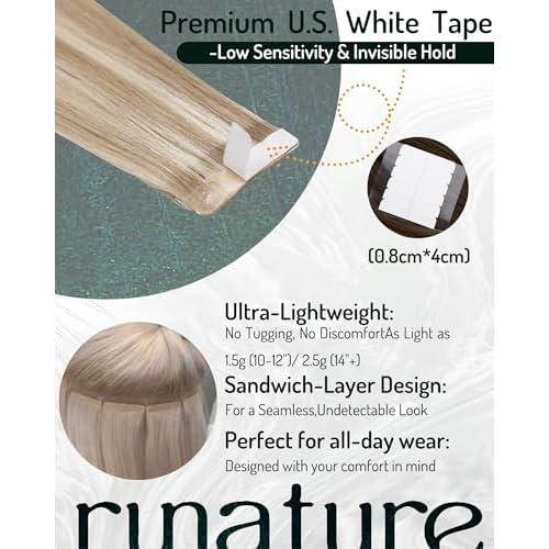 RUNATURE Tape in Hair Extensions Real Human Hair Blonde Tape in Human Hair Extensions 24 Inch Ash Brown with Platinum Blonde Hair Extension Tape ins Real Human Hair 50g 20pcs