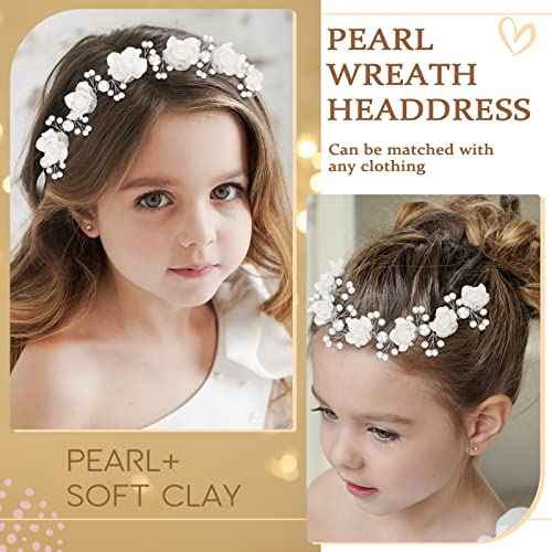 Wedding Hair Accessories for Kids, Princess Headpiece White Flower Headband with Pearls for Communion
